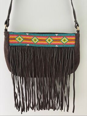 Unique Vintage Fringe Beaded Brown Suede Bag with Geometric Beading